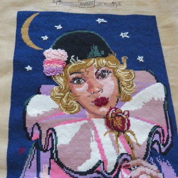 Colombine with Red Rose Creations Margot de Paris Vintage French Needlepoint - Picture 2 of 10